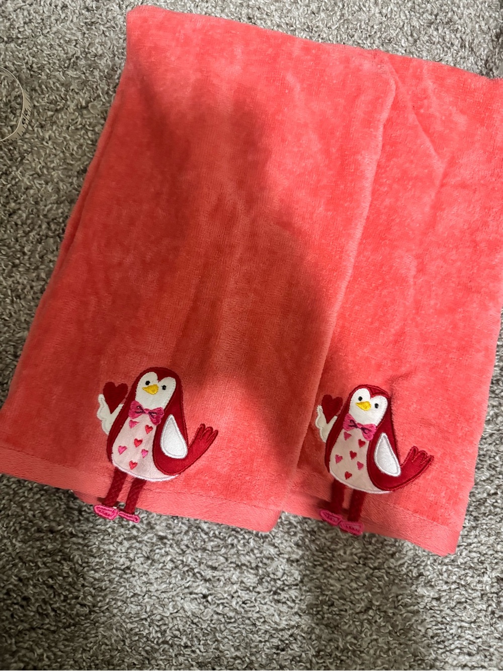 Coral Pink Penguin Embroidered Towel Set Valentines set of 2